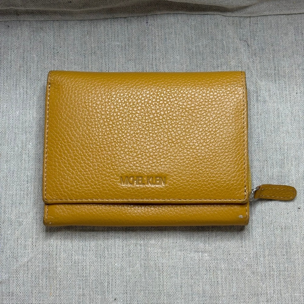 MICHEL KLEIN Bifold Wallet Mustard Yellow Snap Closure Zip Coin Card Holder 5.5"